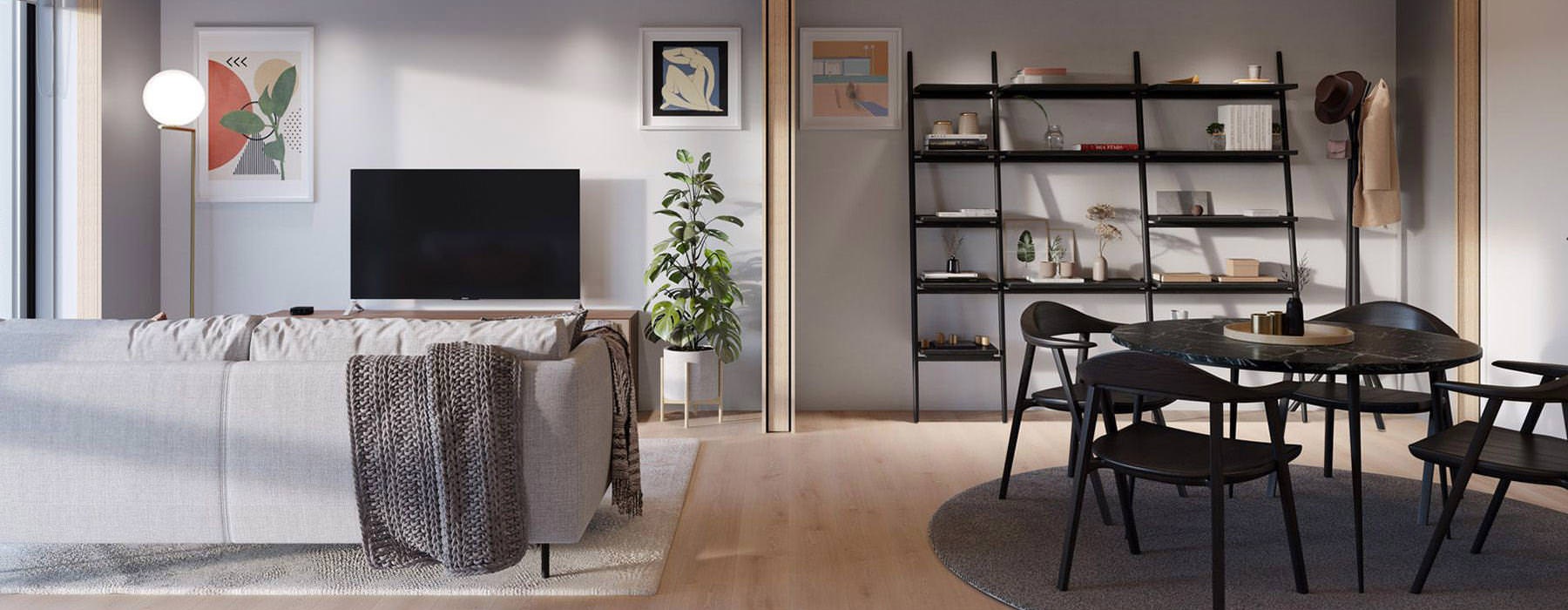 Living room rendering with wood-style flooring